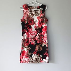 Connected Apparel Sleeveless Sheath Dress, Red, Brown, Cream Flowers, 10 Petite